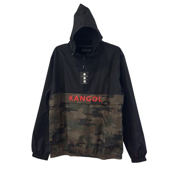 Kangol Packable Windbreaker Jacket Mens M Black Camo Hooded - Picture 1 of 13